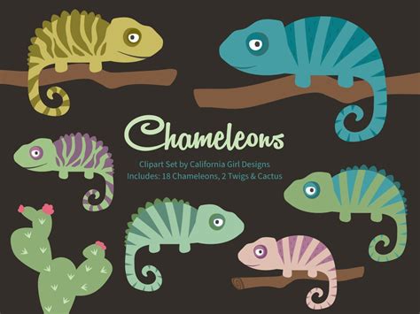 Chameleon Clipart Set 18 Cute and Colorful Chameleons, Cactus and 2 ...