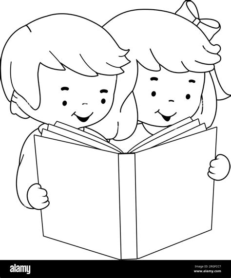 Niños leyendo un libro. Vector página para colorear en blanco y negro ...