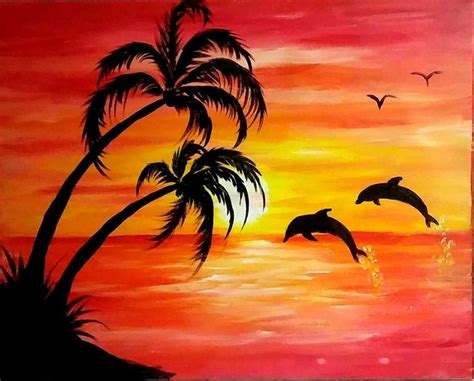 Yvette Andino Art, original beach sunset and dolphins, 20x16 abstract unframed | Beach sunset ...