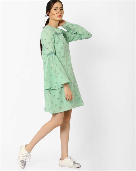 Buy Green AJIO Printed Shift Dress with Bell Sleeves | AJIO | Shift dress, Printed shift dress ...