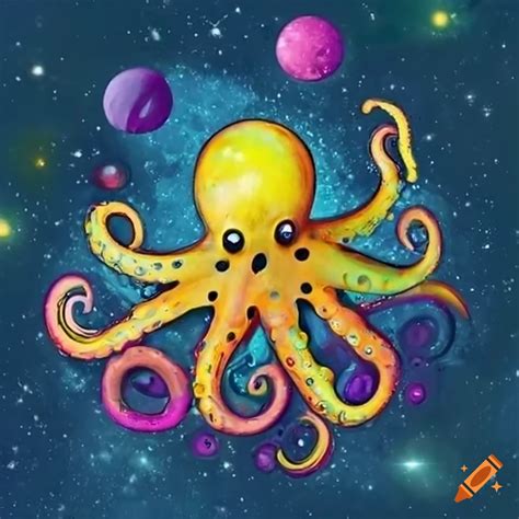 Vibrant yellow octopus in space