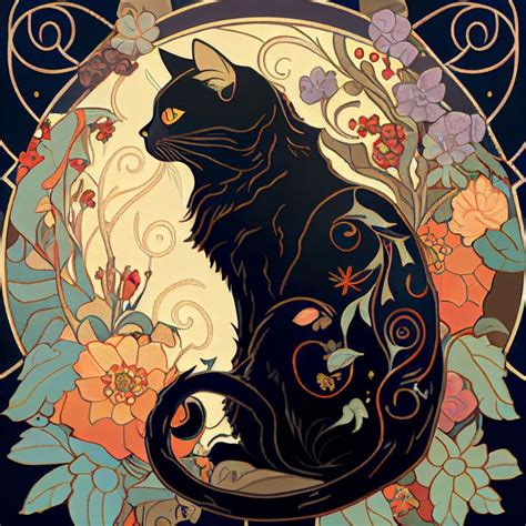 Divine Black Cat With Rose and Sunbeam: Art Nouveau Floral Wall Art ...