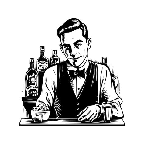 Bartender vintage logo línea arte concepto blanco y negro color ...