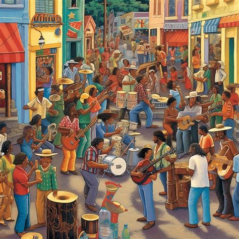 Premium AI Image | Painting of a street scene with a band playing in the middle of the street ...