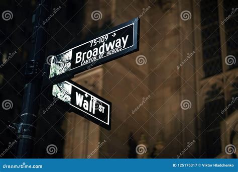 Broadway and Wall Street Signs at the Night, Manhattan Stock Image ...