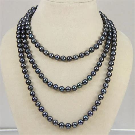 NATURAL 7 8 MM TAHITIAN BLACK PEARL NECKLACE AA Long 50 Inches-in Necklaces from Jewelry ...