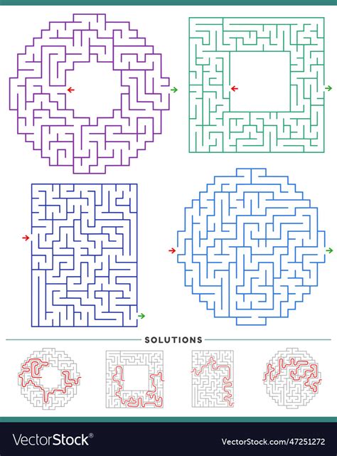 Maze puzzle games graphs set with solutions Vector Image