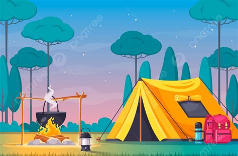 Camping Site With Tent Fire And Equipment Cartoon Composition Vector Illustration Background ...