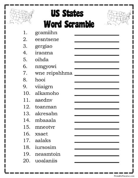 the us states word scramble is shown in black and white