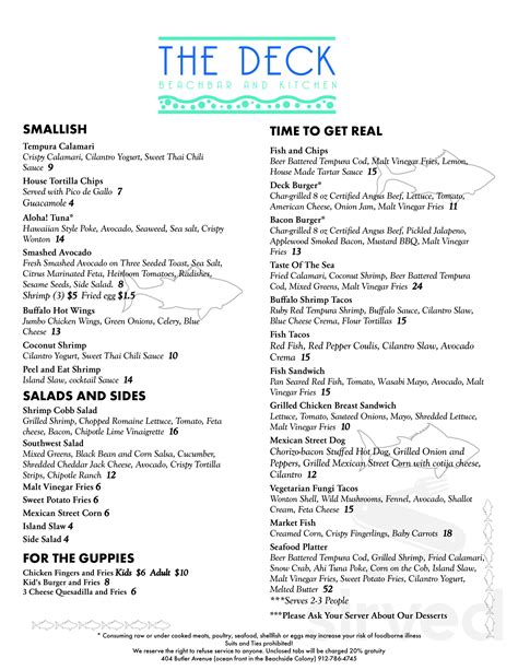 The Deck Beach Bar and Kitchen menu in Tybee Island, Georgia