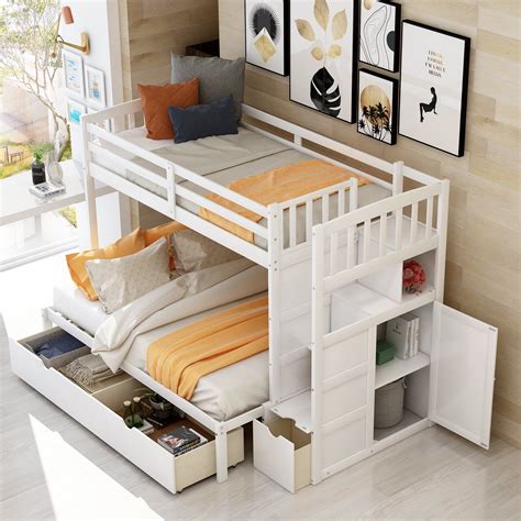 EUROCO Twin over Twin/Full Bunk Bed, Convertible Down Bed, with Storage Drawer and Cabinet, Kids ...