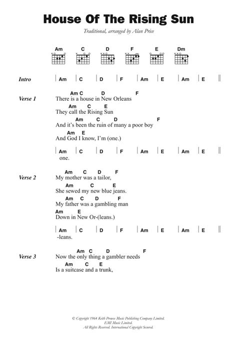 The House Of The Rising Sun Sheet Music | The Animals | Guitar Chords/Lyrics | Ukulele chords ...