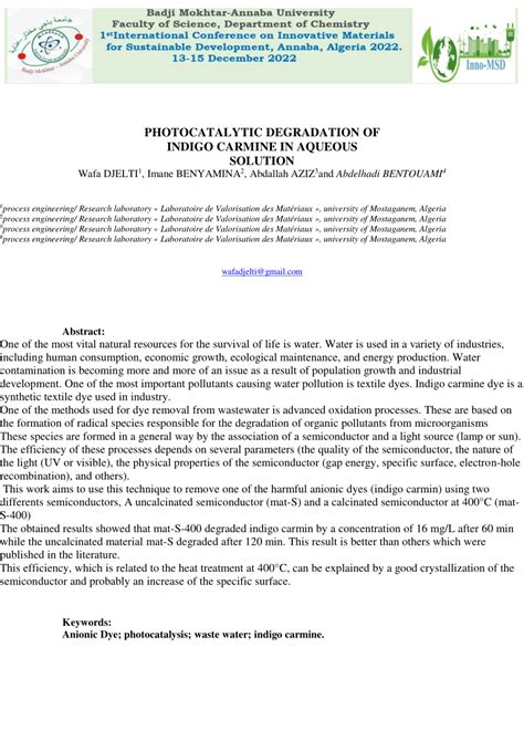 (PDF) PHOTOCATALYTIC DEGRADATION OF INDIGO CARMINE IN AQUEOUS SOLUTION