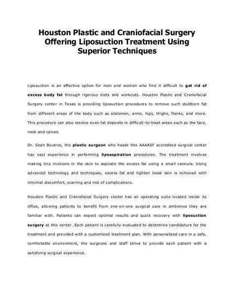 Houston Plastic and Craniofacial Surgery Offering Liposuction Treatment Using Superior Techniques