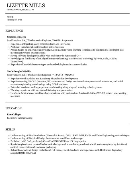 Mechatronics Engineer Resume Samples | Velvet Jobs