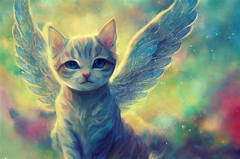 Premium AI Image | Painting of a cat with angel wings sitting on a colorful background generative ai