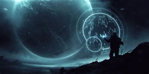 a man standing on top of a hill in front of a giant black hole with glowing circles