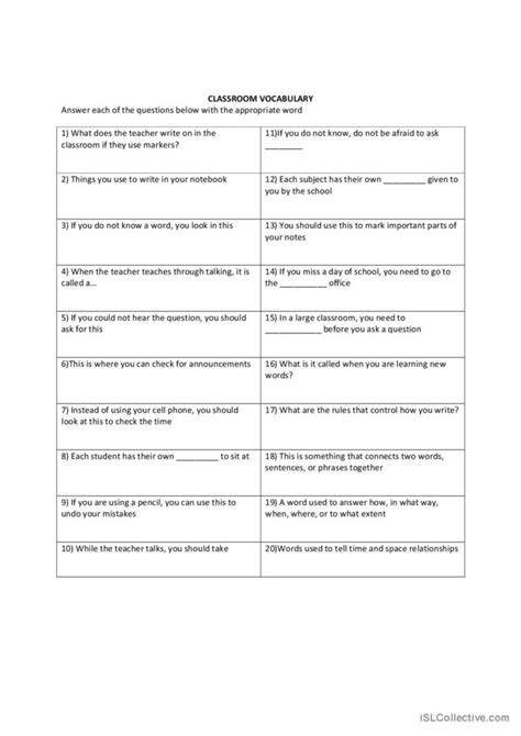 Classroom Vocabulary: English ESL worksheets pdf & doc