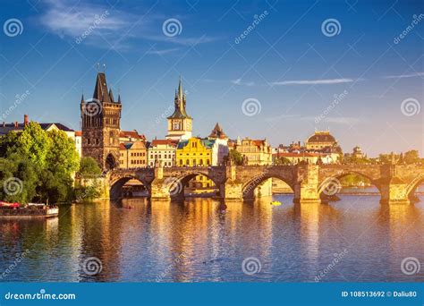 View of the Vltava River and the Bridges Shined with the Sunset Stock Photo - Image of bridge ...