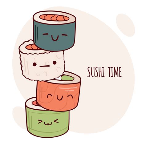 Draw funny kawaii sushi roll vector illustration. Japanese asian traditional food, cooking, menu ...