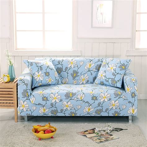 Blue Flowers Couch Sofa Covers For Living Room 100% Polyester Corner Sofa Slipcovers Single ...