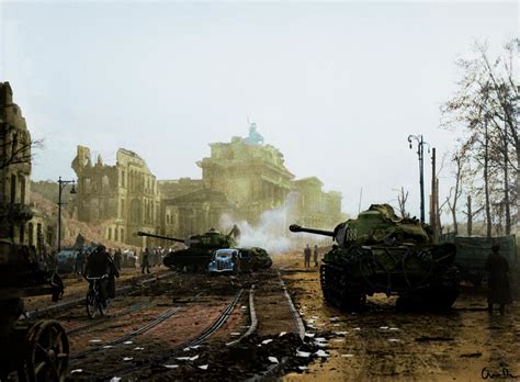 Soviet Armour and Soldiers at the Brandenburg Gate, after the Fall of Berlin. : r/Colorization