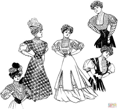 Vintage Five Retro Womens Fashions coloring page | Free Printable ...