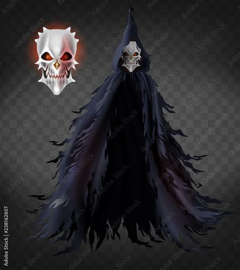 Spirit of death, scary ghost, evil demon in ragged cloak with hood realistic vector isolated on ...