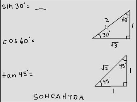 SOHCATOA and special triangles to find sine, cosine and tangent of angles - YouTube