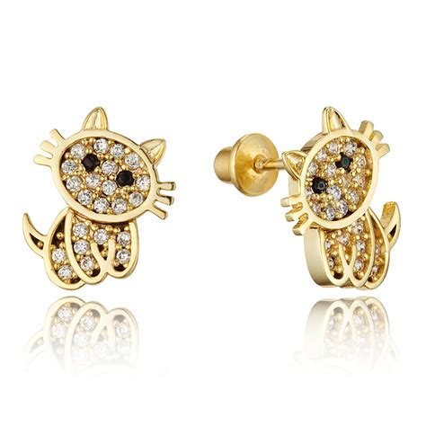 14k Gold Plated Brass Cat Cubic Zirconia Screwback Baby Girls Earrings ...