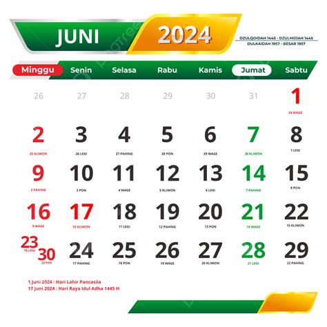 Kalender Juni 2024 Lengkap Dengan Tanggal Merah Dan Hari Libur Nasional Vektor, Kalender Juni ...