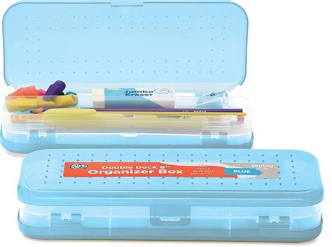 Amazon.com : Enday Pencil Box Blue, Plastic Double Deck Pencil Case with 7 Compartments, Box ...