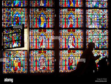 Famous Gothic stained glass windows in Notre Dame cathedral. Paris ...