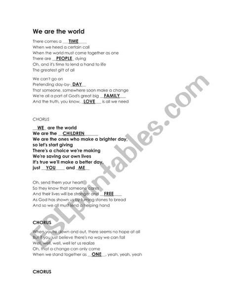 we are the world lyrics singers - ESL worksheet by Flor1801