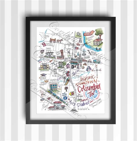 Columbia TN Map Illustration Poster Print 11x14 Inches, Digitally Printed on Heavy White Linen ...