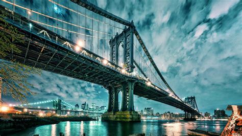 Manhattan, Manhattan Bridge, Bridge, Architecture, USA, New York City, Night, Water, Lights ...