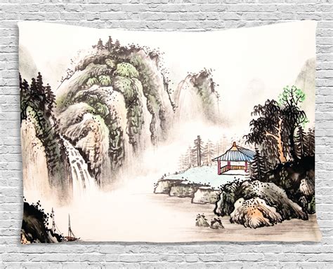 Ancient China Tapestry, Chinese Landscape of Watercolor Painting Marquee in Valley Trees Sumi ...