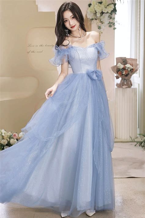 French Stylish Off Shoulder Blue Tulle Prom Dress with Bow