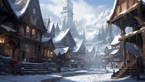 Fantasy Concept Art: Snowy Village With Ice Pillars • PromptDen