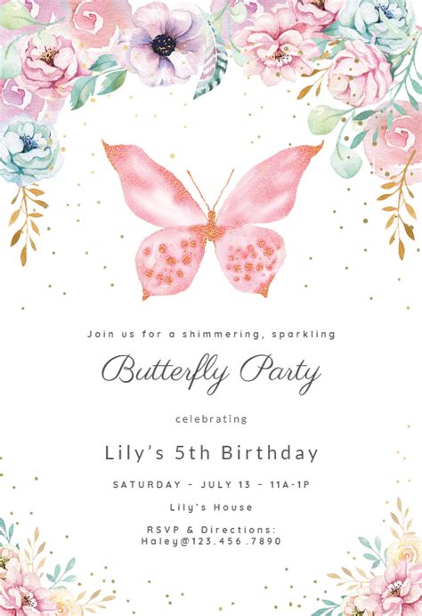 Pink glitter butterfly - Party Invitation Template (Free) | Greetings Island | Butterfly ...