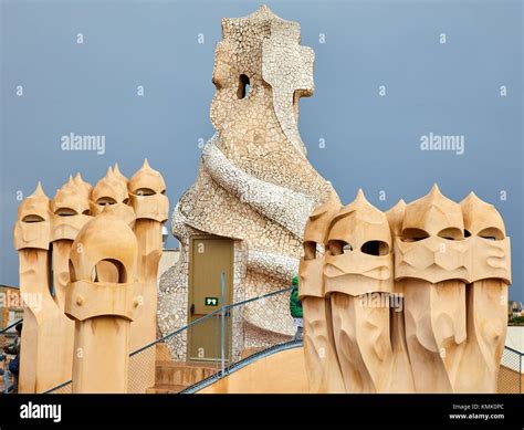 Chimneys on the rooftop of Casa Mila, La Pedrera building, Antoni Gaudi ...