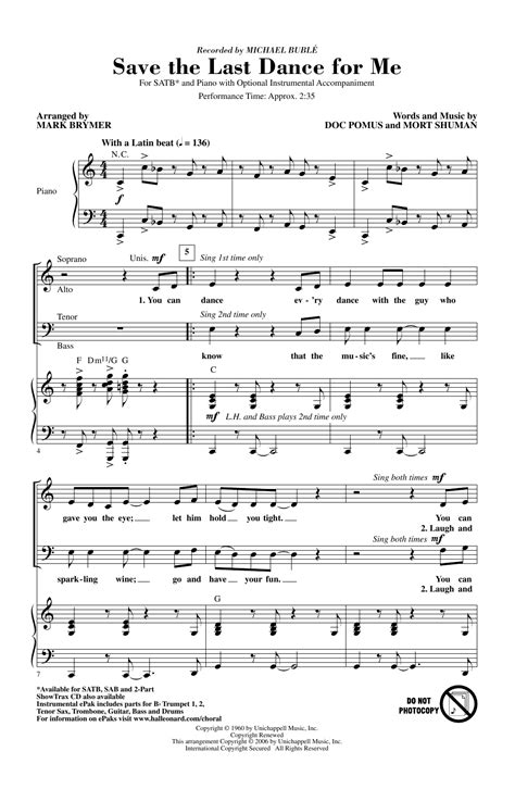 Save The Last Dance For Me (arr. Mark Brymer) by Michael Buble Sheet Music for SATB Choir at ...