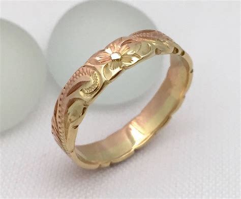 14K Gold Ring Traditional Hawaiian Hand Engraved (4mm Width, Flat Styl – Aolani Hawaii