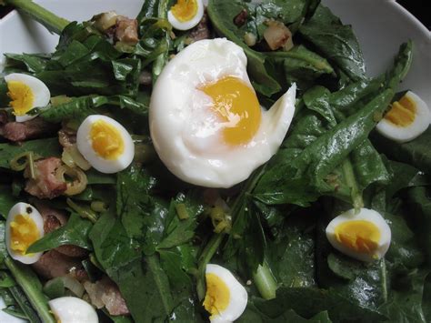 2: Perfect brunch - dandelion greens salad with bacon, spring garlic, and soft-boiled egg