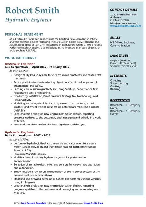 Hydraulic Engineer Resume Samples | QwikResume