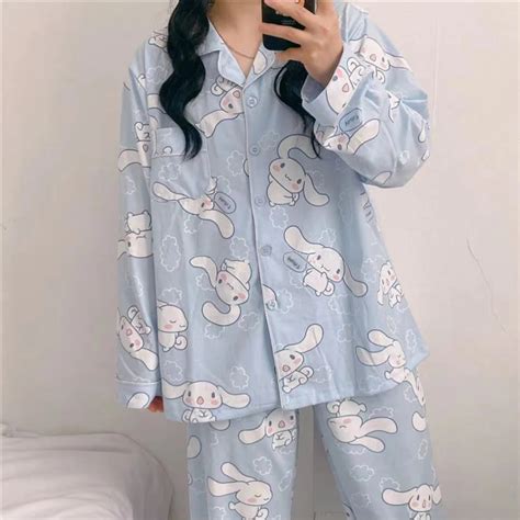 Cinnamoroll Inspired Blue Long Sleeve Button Front Pajama Set with ...