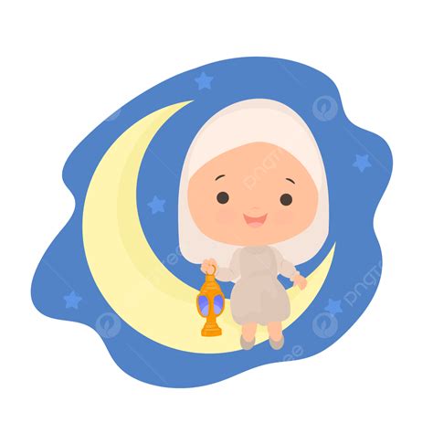 Crescent Moon Vector Hd PNG Images, Muslim Girl Sitting On Crescent Moon Holding A Lamp, Ramadan ...