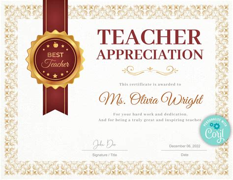 Teacher Appreciation Award Certificate Template Teacher Gift - Etsy India