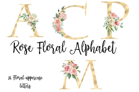 Rose wedding alphabet, Golden monogram floral letters By Old Continent Design | TheHungryJPEG.com