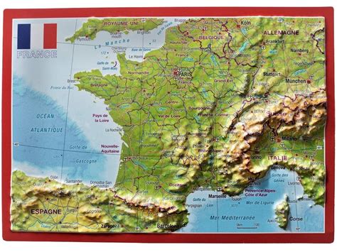 Raised relief map France postcard as 3d map